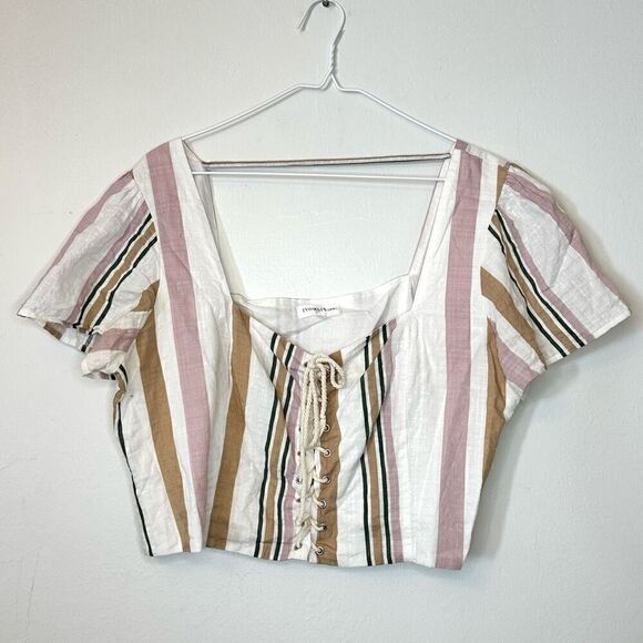 Privacy Please Striped Cotton Lace-Up Front Cropped Corset Top Multicolor XL - Picture 1 of 6